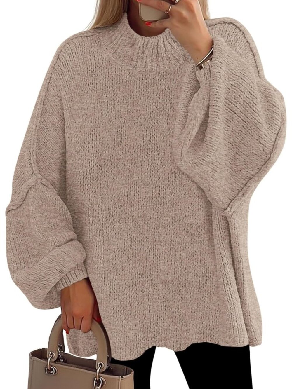 Women Camel Cozy Oversized Mock Neck Drop Shoulder Chunky Knit Slouchy Sweater